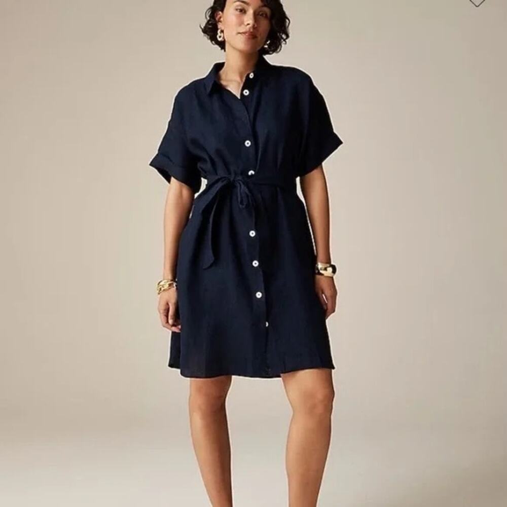 J. Crew Capitaine Shirtdress belted linen XL Tall navy blue BY786